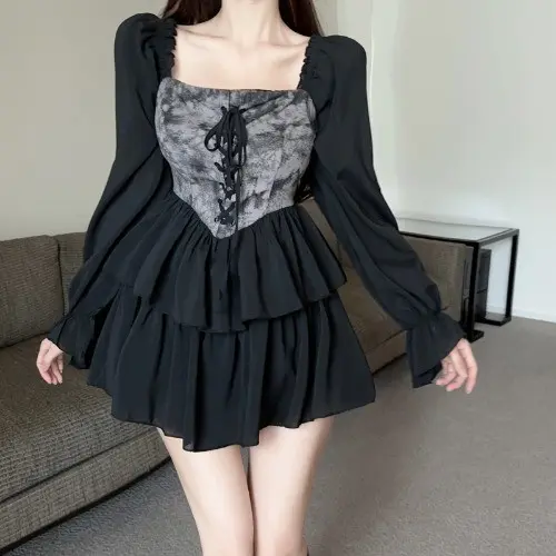 9030 đầm đen dự tiệc tùng phồng đi biển dài tay thanh lịch đầm nàng thơ prom hack dáng ngắn váy liền thân