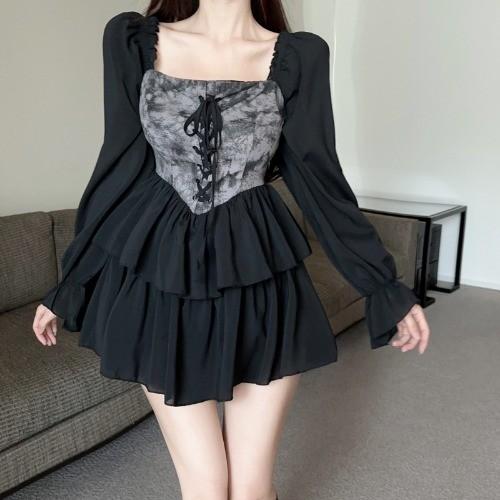 9030 đầm đen dự tiệc tùng phồng đi biển dài tay thanh lịch đầm nàng thơ prom hack dáng ngắn váy liền thân