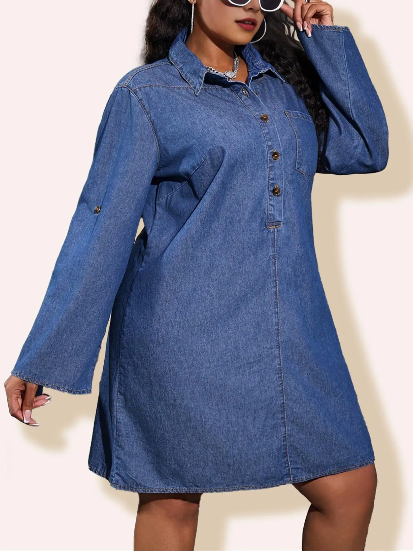 【Plus Size】 Button Denim Dress, Casual Long Sleeve Knee Length Dress for Daily Wear, Women's Plus Clothing for All Seasons