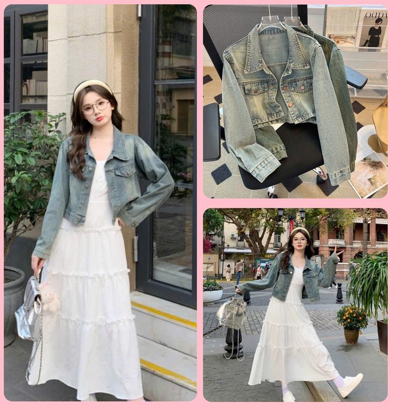  Aó khoác jeans nữ form croptop xịn xò áo khoác bò dáng đứng màu xanh bụi hottrend 2025 Jacket Kem 