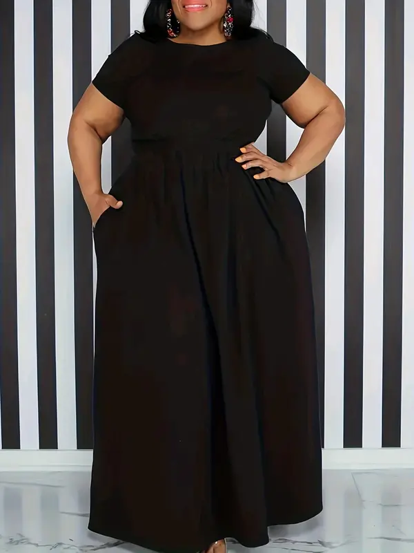 Women's Plain Pocket Zipper A Line Dress, Casual Plus Size Short Sleeve Long Dress for Summer, Women's Clothing for Daily Wear 3