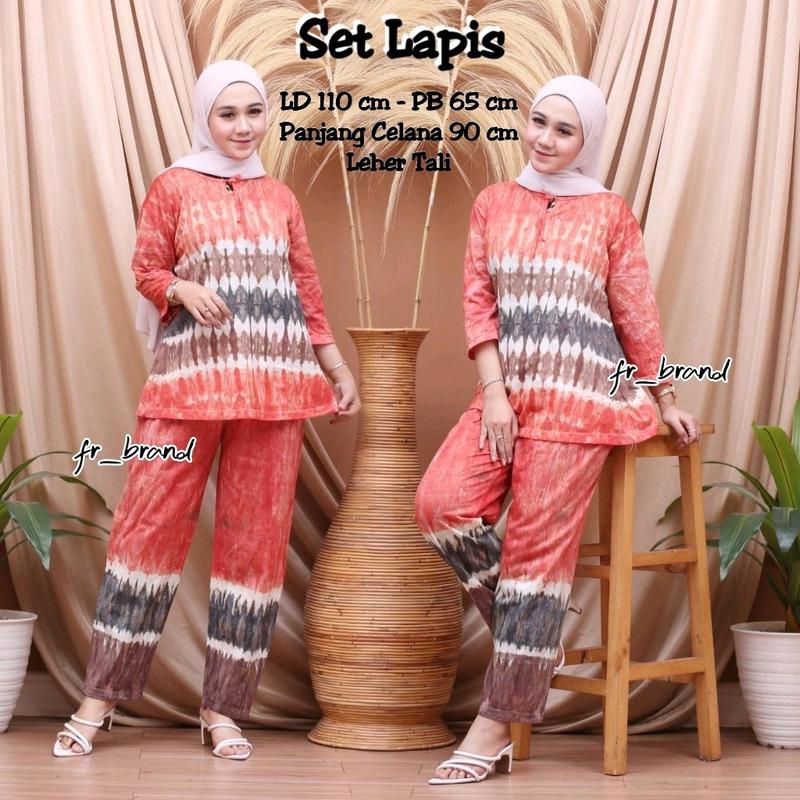 Baju One Set Setelan Wanita Kekinian Tiedye Matt Kaos Katun Lengan 3/4 Leher Tali Nyaman dipakai Celana panjang Motif Batik Dewasa 1