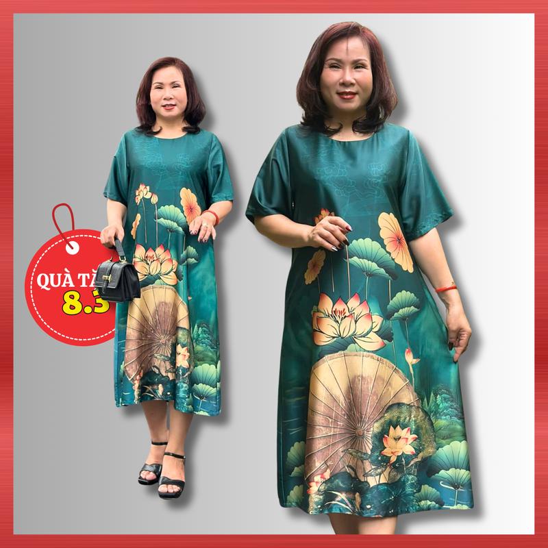 Đầm Trung Niên D202, Mẫu Váy Đi Tiệc Cho Mẹ U50 Họa Tiết Sen và Quạt 3D Chất Lụa Sang Trọng, Thời Trang Trung Niên Wonmen Dress NP Clothing