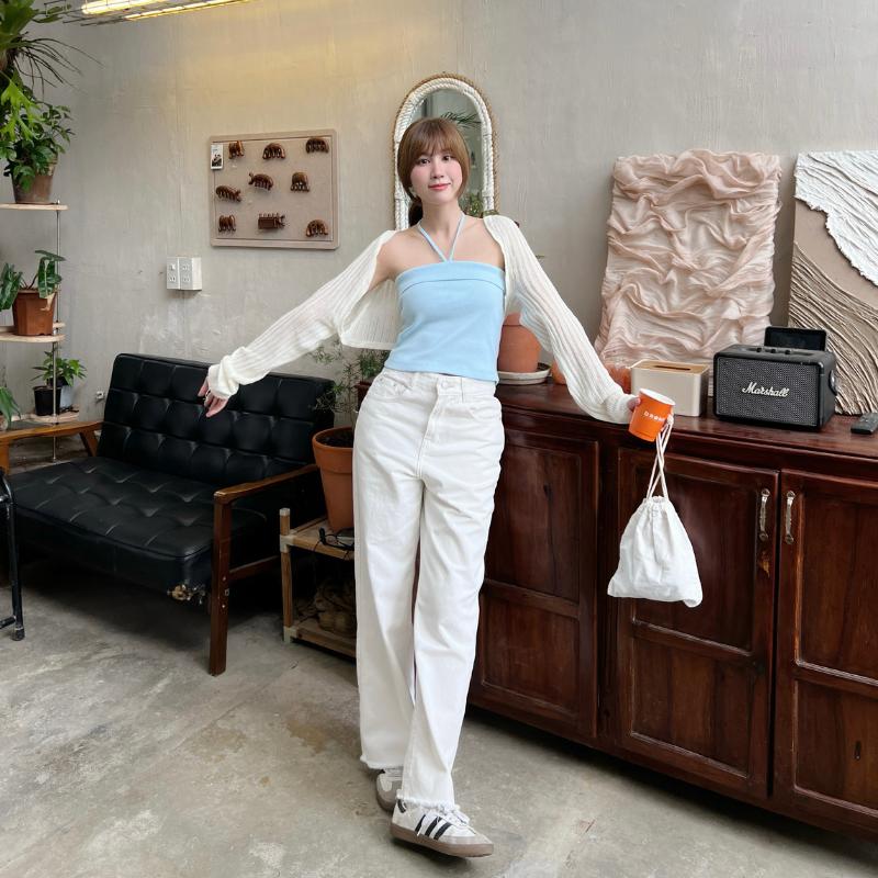 Quần jeans bò nữ ống rộng suông cạp lưng cao màu trắng phong cách Hàn Quốc Meisy Pants Women