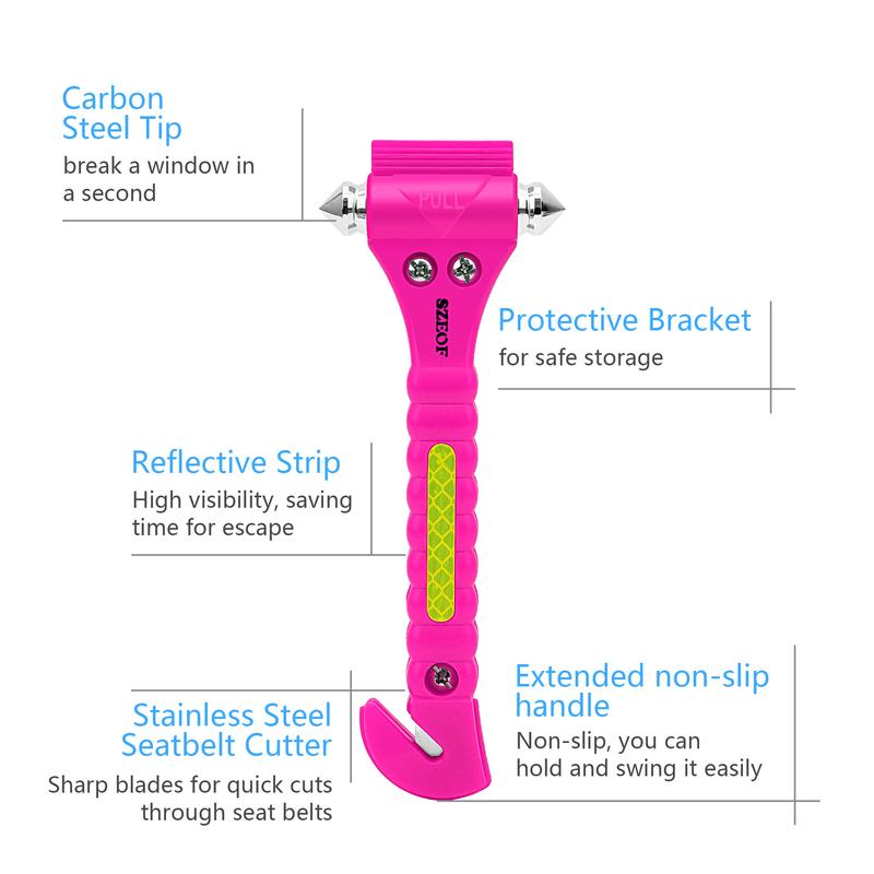 Product Introduction of 1pc Car Emergency Escape Window Breaker with Reflective Tape and Seat Belt Hammer, Multifunctional Hammer, Red,Yellow, Pink 2