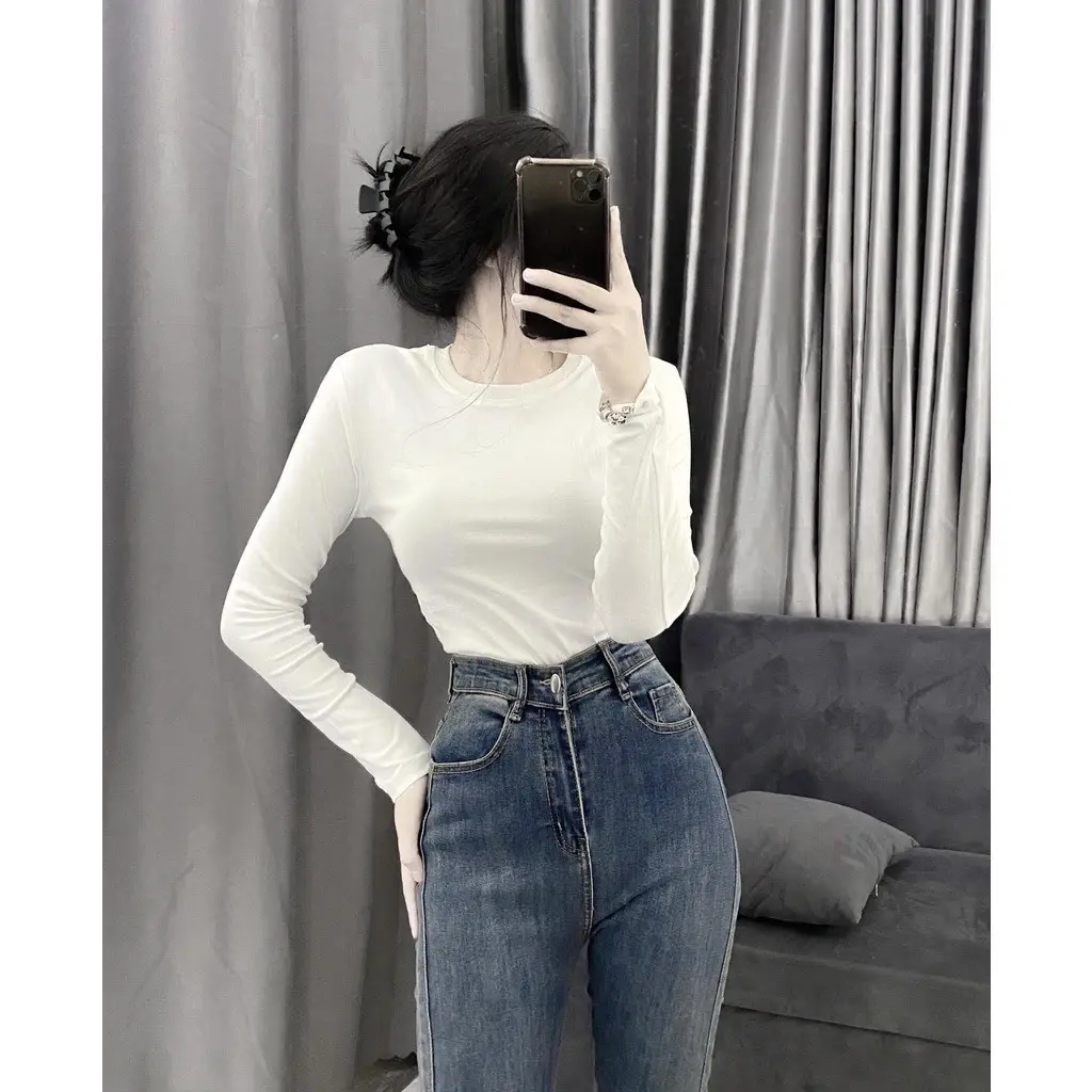 Áo thun borip tay dài cổ tròn TTSLC0077 Nữ Top Women Voi Jean Trắng