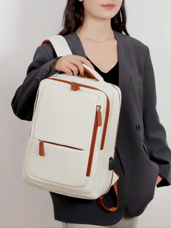 Large Capacity Laptop Backpack, Casual Solid Color Zipper Backpack with USB Port, Multi-functional Backpack for Travel & Business & School 4
