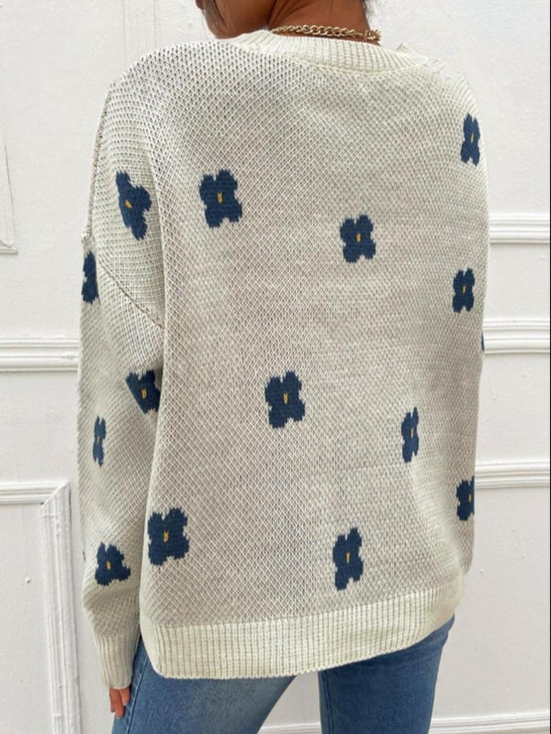 Product Introduction of Women's Floral Print Drop Shoulder Sweater, Casual Long Sleeve Round Neck Jumper for Fall & Winter, Fashion Ladies' Knitwear for Daily Wear 7