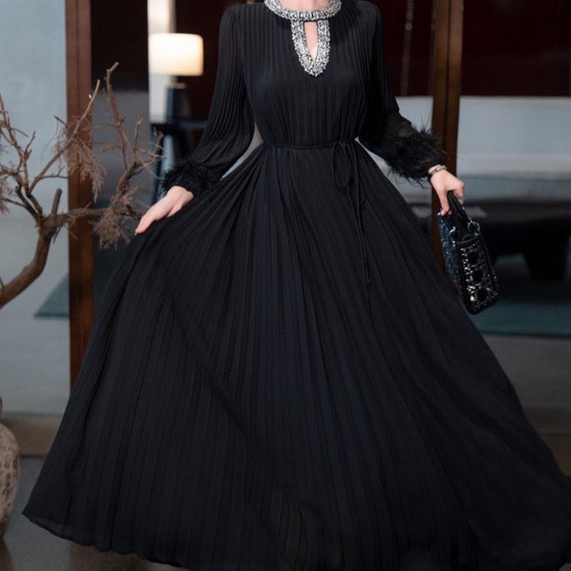 Váy thiết kế nữ - Váy xoè dài dập li cổ đá tay đính lông dáng dài thướt tha (cl210) Women Voan Dress