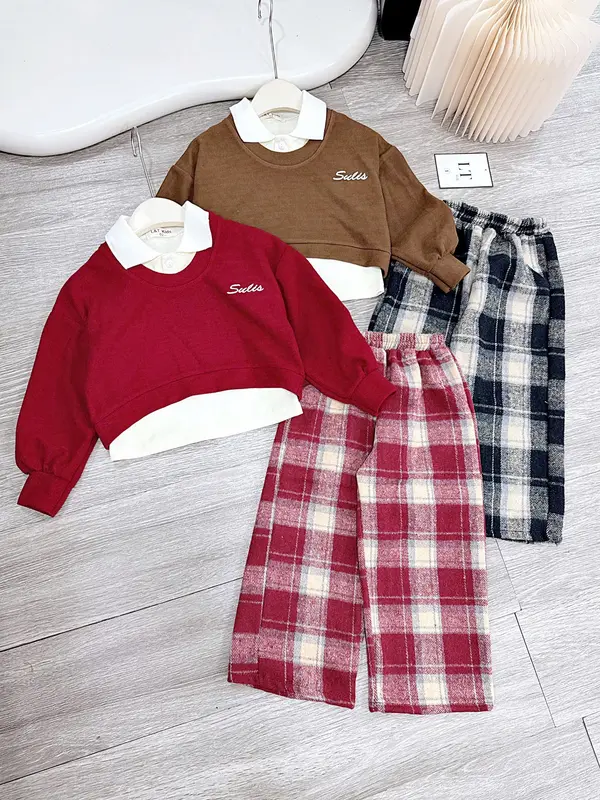 [PINI-S09] Set bộ 3 chi tiết: Aó croptop len tăm kèm áo ba lỗ cổ bẻ và quần dạ kẻ dáng xuông cho bé gái ( 9-31kg) 0