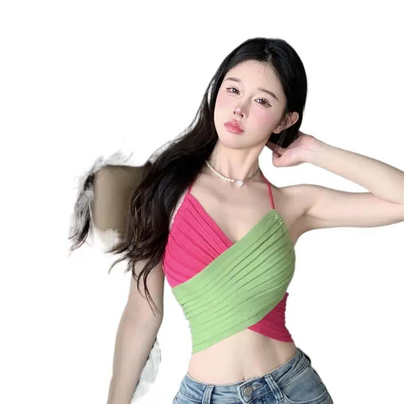 Summer hanging neck knitted halter vest female pure sweet spice sexy short boob top