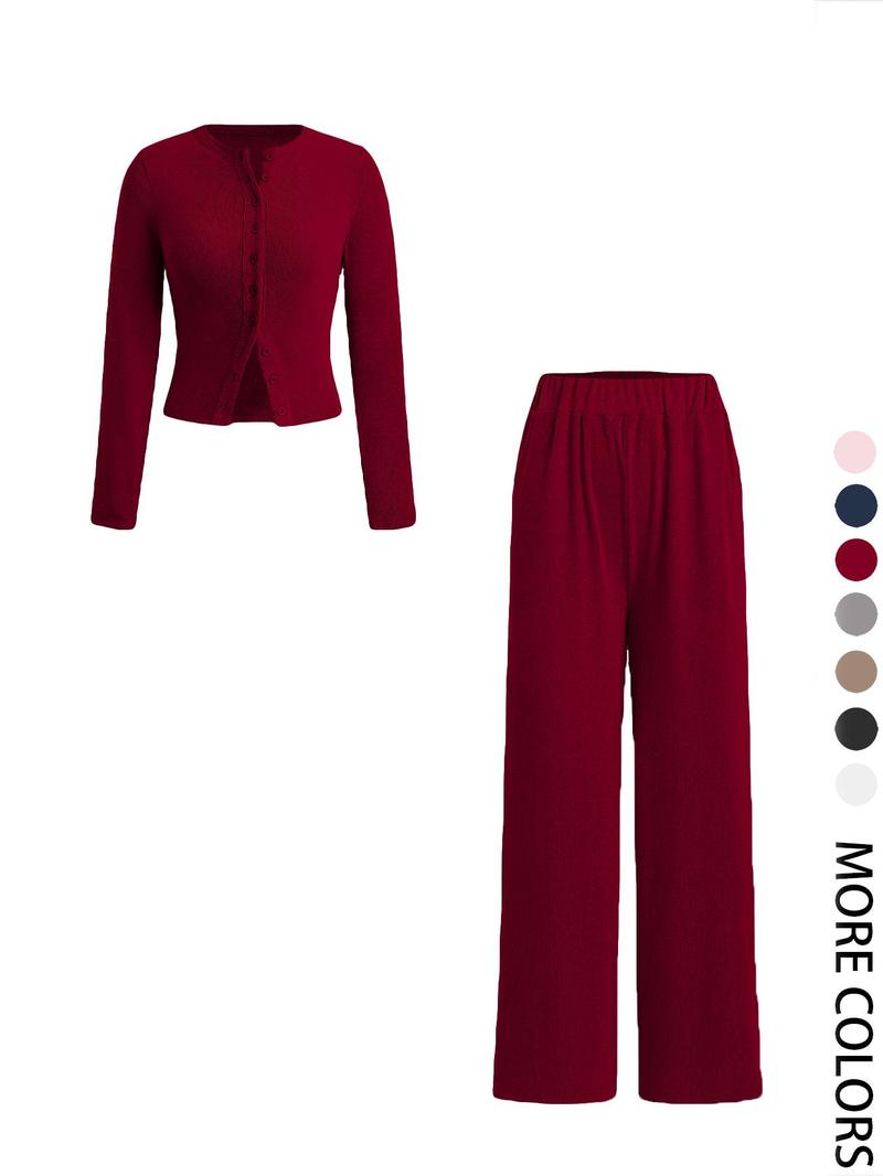 Product Introduction of Two-piece Set Women's Solid Button Front Ribbed Crop Top & Elastic Waist Pants, Casual Long Sleeve Round Neck Top & Trousers 2 Piece Set for Spring & Fall, Women's Clothes for Daily Wear, Sassyandclassyclothing 10