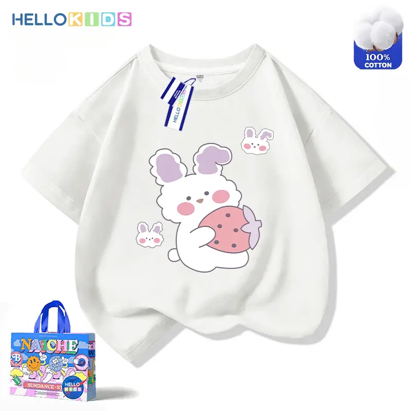 Áo Thun ngắn Tay 100% Cotton, In Hình Thỏ Ngọt Ngào Và Dễ Thương, Dành Cho Thời Trang Trẻ Em, Quần Áo Bé Gái, Áo Cổ Thuyền Dáng Rộng 3