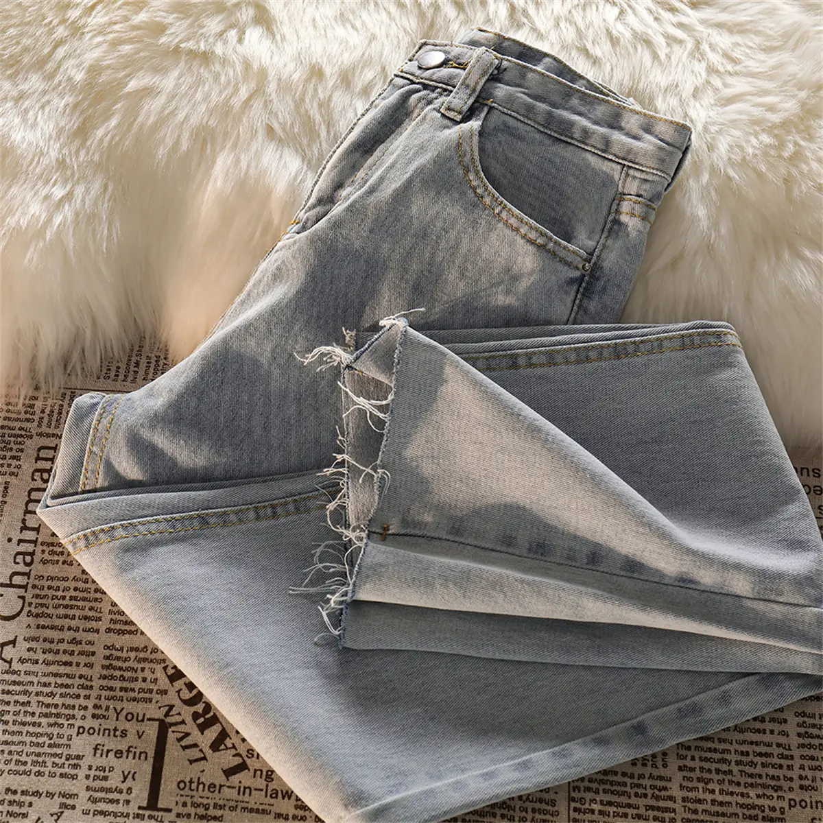 lulu-jeans Celana Jeans Longgar Wanita Pinggang Tinggi Biru Muda Korea Baru 6671