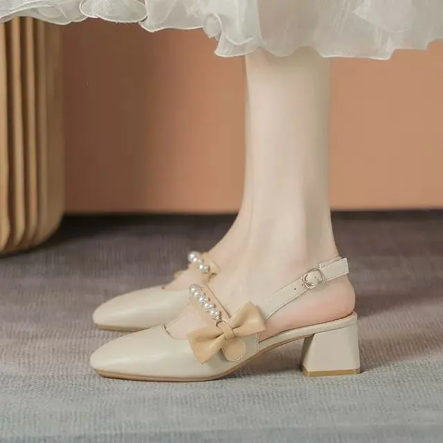 French-style Mary Jane Sandals, Toe-Covered Chunky Heel Sandals, Anti-Slip Rubber Thick Soles, 2025 New Style, Bow Decoration, Suitable for Artistic Girls