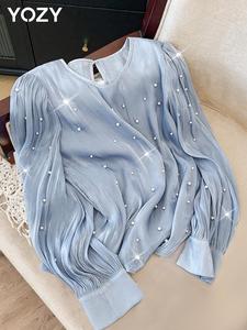 YOZY Women's Faux Pearl Decor Bishop Sleeve Blouse, Elegant Keyhole Neckline Top for Spring & Fall, Women's Clothing for Daily Wear