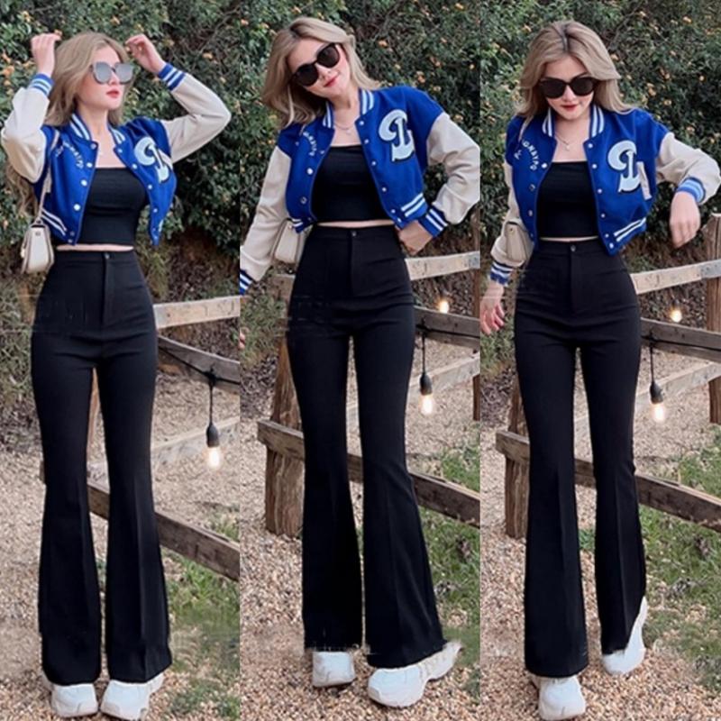  Quần ống loe nữ lưng cao 1 cúc đi học làm công sở hack dáng tây Quần vải ống loe nữ cạp cao ống rộng vẩy dài dày màu đen Pants Khuy Pants Khuy Women Ong 