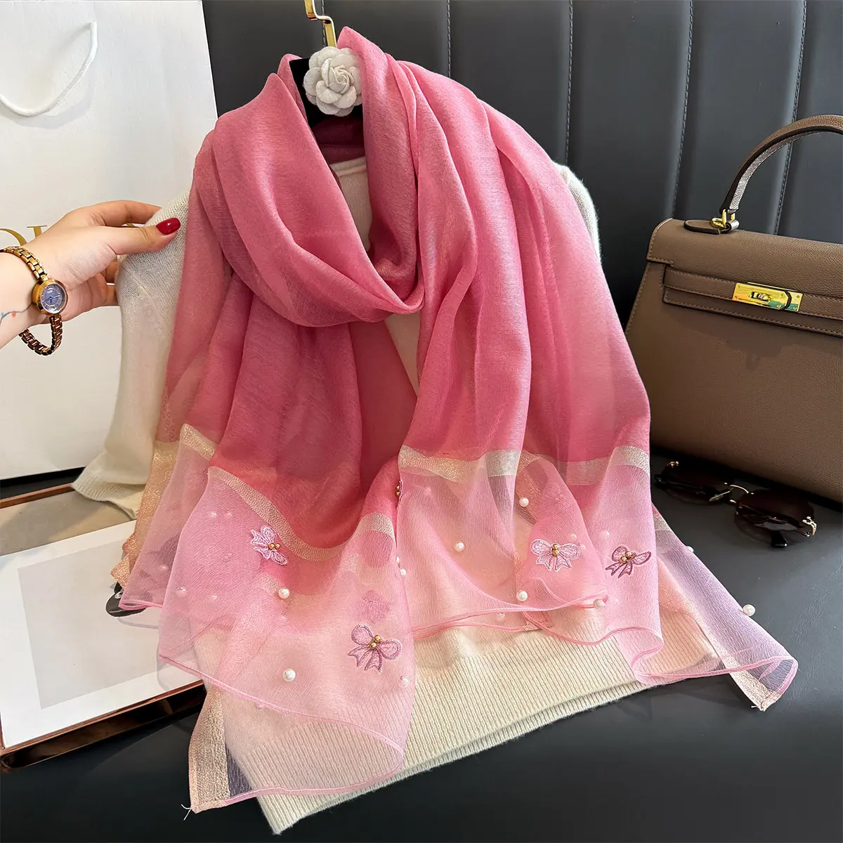 Silk Scarf for Women New Shawl Imitation Silk Embroidery Beaded Elegant Warm Thin Long Scarf Gauze Scarf Gift for Elders selendang  bahu sulam  shawl sahara  shawl selendang