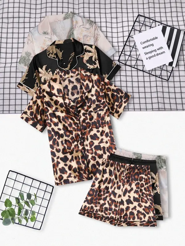 Girl's All Over Print Pocket Loungewear Set, Casual Button Front Shirt & Elastic Waist Shorts, Girls Sleepwear PJ for All Seasons 0