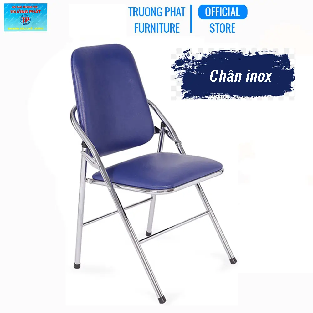 Ghế gấp văn phòng lưng cao màu xanh Trường Phát G04, ghế xếp INOX, đệm bọc pvc êm ái, gấp gọn dễ dàng, tiết kiệm không gian