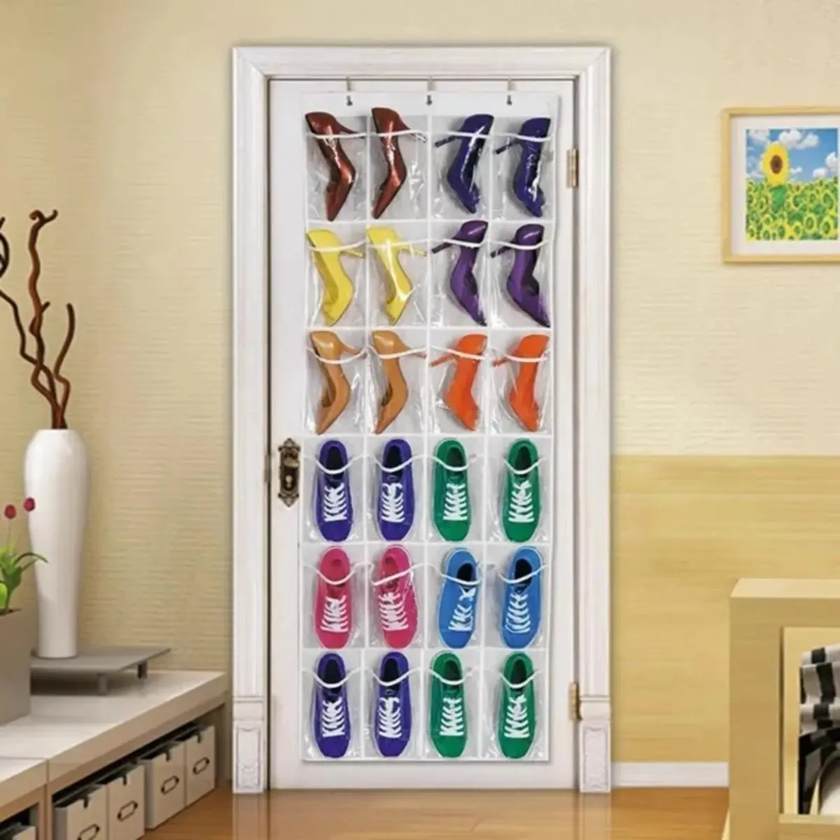 Over The Door Shoe Storage Bag, 24 Large PVC Pockets Breathable Nonwoven Fabric Shoe Organizer, Space Saving Hanging Storage Holder for Home, Racks