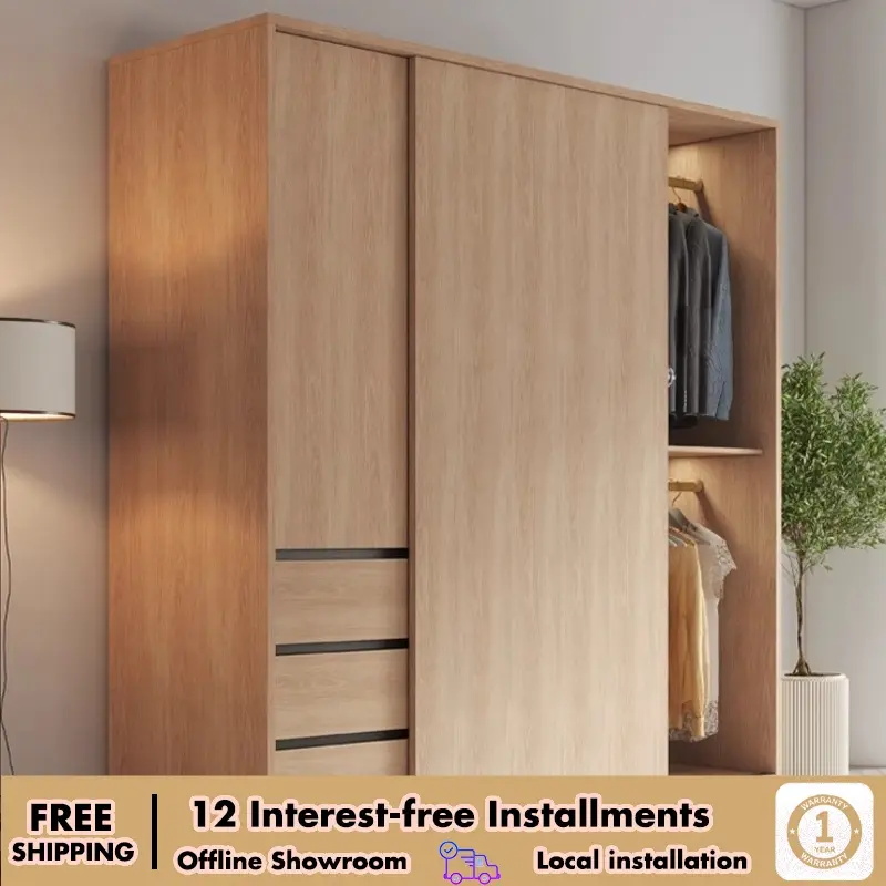 【Pre-order】Simple modern log wind Home bedroom small unit cabinet rental room with sliding door wardrobe