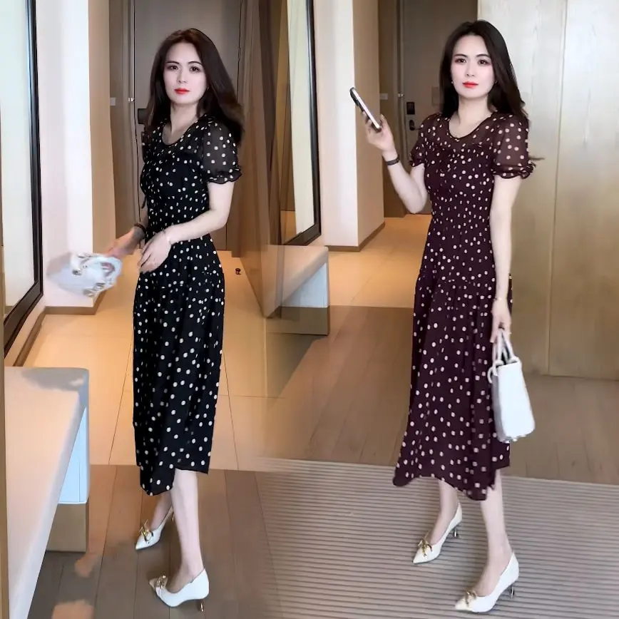 Váy Chấm Bi, Thời Trang Pháp, Dài Trung Bình Mùa Hè 2025, Thanh Lịch, bó Eo, Bó Sát, Sành Điệu, Trẻ Trung, ngắn Tay, Thích Hợp Cho Giới Trẻ