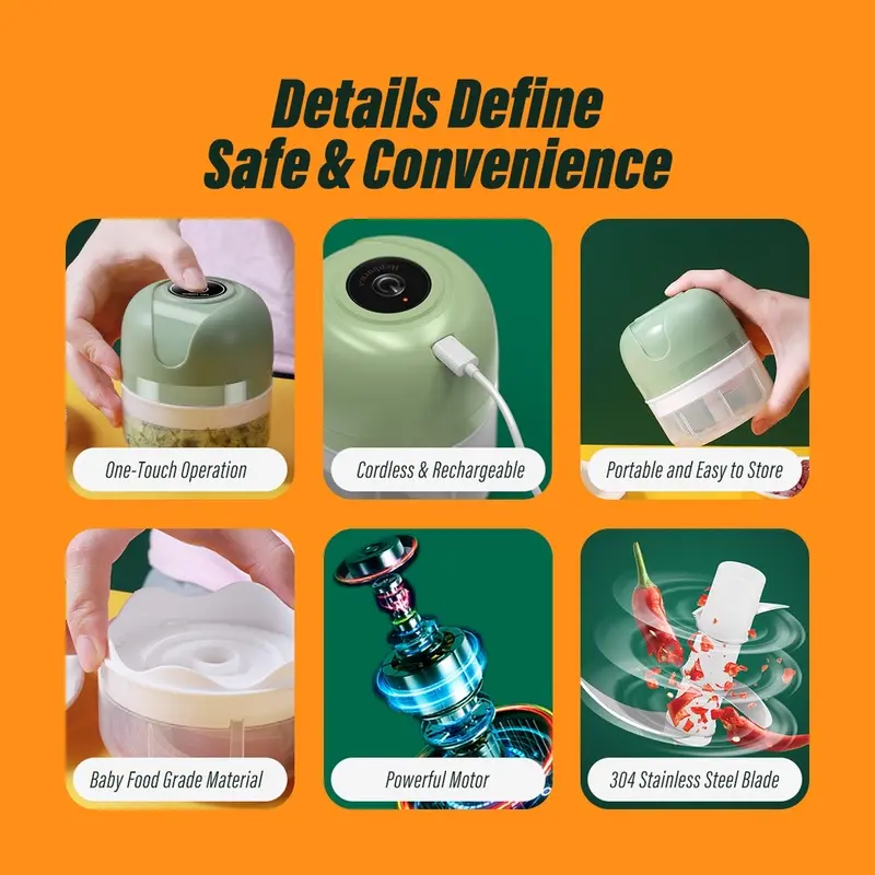PPLUS  Blender mini elektrik-Hijau 250ML/Blender Mini Portable USB Penghancur Bawang Putih Mini Chopper Penggiling Daging Wireless Mini Cooking Machine/hijau/pisau/putih Hijau Pisau Putih Kabel Mesin 6