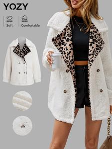 YOZY Women's Solid Color & Leopard Lapel Neck Double Button Plush Coat, Casual Long Sleeve Fuzzy Outerwear for Fall & Winter, Women's Clothing for Daily Wear