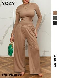 YOZY Valentine's Day Gift for Girl, Ruched Mock Neck Jumpsuit, Casual Comfort Basic Minimalist Plain Long Sleeve Wide Leg Jumpsuit, 2024 Women's Daily Wear for Spring & Autumn, Fall & Winter Clothes