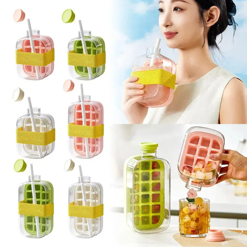 Ice Cube Bottle With Lid Pressing Mould Food-grade 2-in-1 Ice-making Straw Dual-purpose Silicone Ice Kettle Outdoor Beverage Cup Kitchen Portable 3