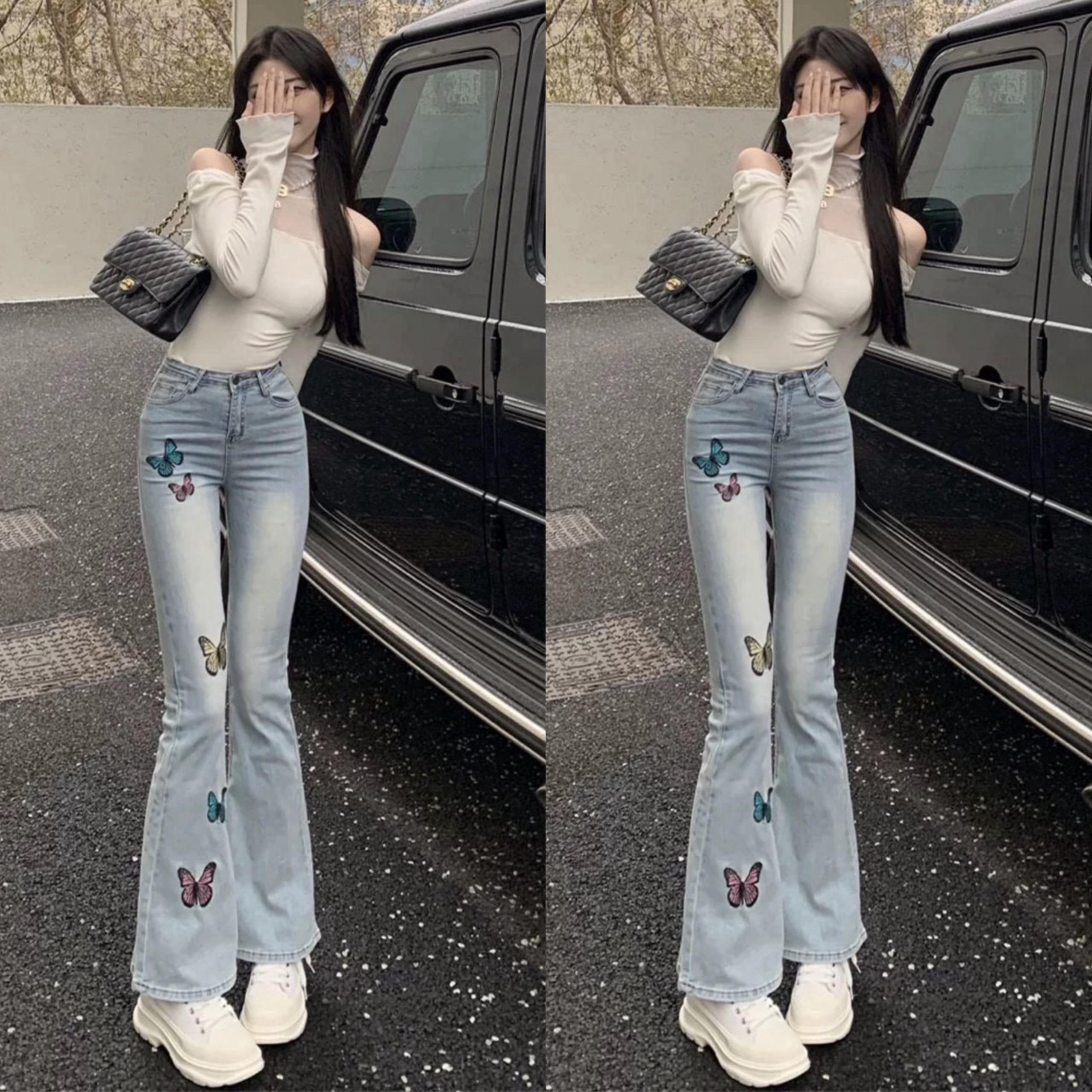 Quân Jean Thêu Dáng dài QC Co dãn 4 chiều Thanh Lịch Dễ Thương 55-95kg Denim - A.1327
