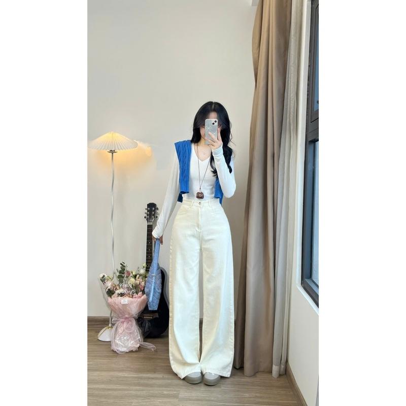 Quần jeans bò màu kem ống suông rộng phong cách Hàn Quốc 5