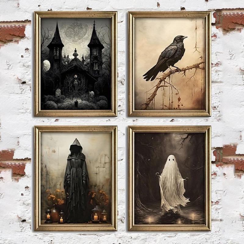 Halloween Themed Unframed Canvas Painting, 1 Count Vintage Style Waterproof Wall Art, Wall Decor for Home Living Room Bedroom 3