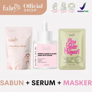 [BUNDLING SKINCARE PENCERAH+ANTI JERAWAT] Sabun Glasskin Glow + Perfect Moist Dark Spot Serum + Glow Fighter Mugwort Mask  by The Falsya Beauty Memutihkan Bersihkan Wajah Berjerawat Hitam