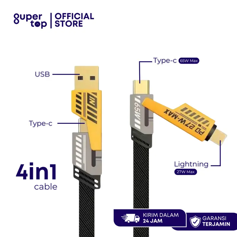 Kabel Data Fast Charging 4in1 65W Dual Input USB and Typec to Typec Lightning Multi Cable Charge 0