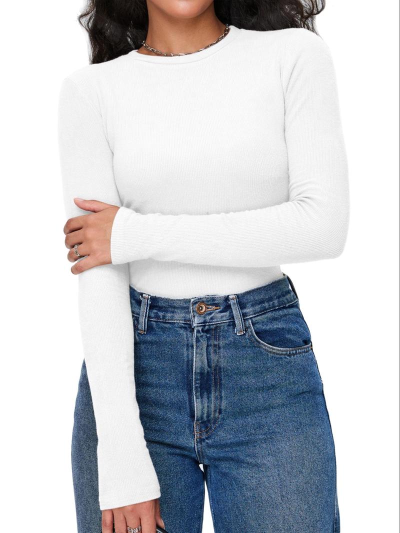 Product Introduction of Women's Plain Ribbed Long Sleeve Crew Neck Tee, Casual Solid Color T-shirt for Spring & Fall, Women's Top for Daily Wear 5