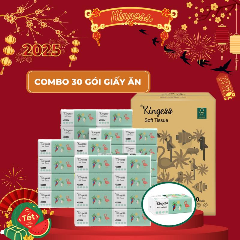 Thùng 30 Gói Giấy Ăn Cao Cấp Kingess Động Vật Xanh 300 Tờ/ Túi 5 Lớp Mềm Mịn Không Huỳnh Quang, Không Chất Tẩy Trắng, Không Hương Liệu Không Ô Nhiễm Môi Trường Giấy Ăn Rút An Toàn Lành Tính Giấy Vệ Sinh