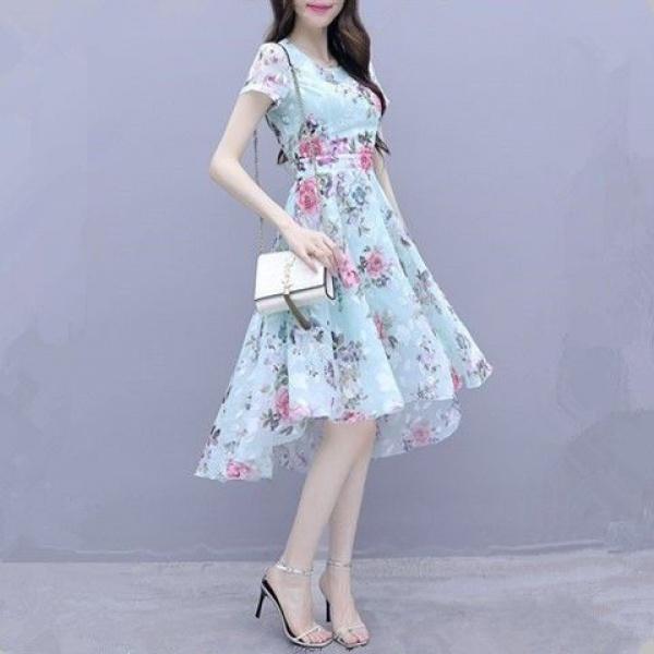 Váy In Hoa, ngắn Tay, Dành Cho Phụ Nữ, Phong Cách Thường Ngày Vừa Vặn Ôm Sát, Váy Lụa Lạnh Không Đối Xứng Cổ Tích Mùa Hè Mới 2024 4