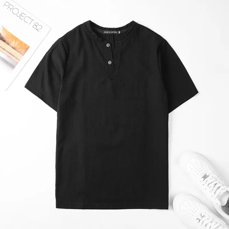 Áo Đũi Nam Cổ V Tay Ngắn Chất Liệu Đũi Mềm Mịn Mát Nhẹ Thoáng Mặc Như Không Mặc Menswear Cổ Tròn Sơ Mi Đen 3