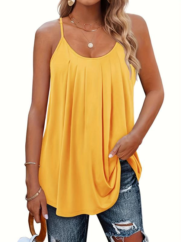 【 Plus Size】 Plain Plicated Scoop Neck Cami Top, Comfort Adjustable Spaghetti Strap Top for Lady, Women's Clothing for Daily Wear, Evening Top on Holiday, Womenswear 8