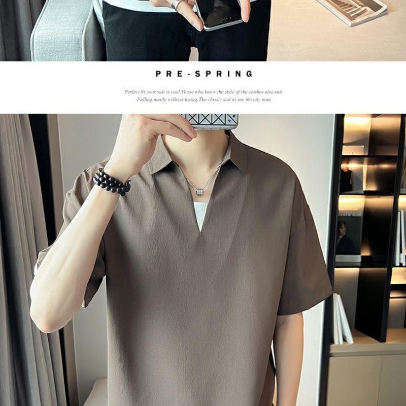 Product Introduction of 2025 Fake Two-Piece V-neck T-shirt Men's Ins Fashion Brand Short Sleeve Polo Shirt Ice Silk Half Sleeve 2023 New Summer Matching Suit 9