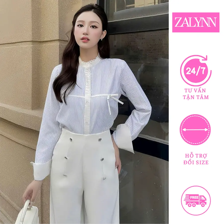 [New]Áo sơ mi kẻ sọc mix ren thanh lịch cao cấp,Áo sơ mi cổ tàu công sở hàng thiết kế sang trọng mùa hè 2025 SM36 ZALYNN
