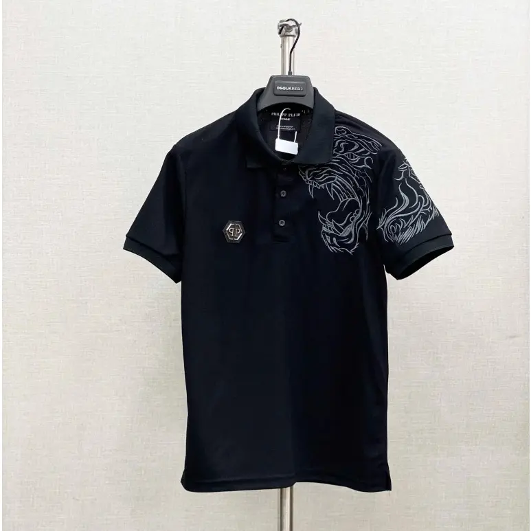 Áo polo nam nữ cổ bẻ Philipp Plein thêu Hổ cotton cá sấu thêu logo da tag sắt 40.95 kg basic boy phố Menswear Kem Shirt Ngắn Tay