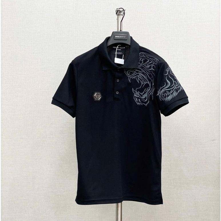 Áo polo nam nữ cổ bẻ Philipp Plein thêu Hổ cotton cá sấu thêu logo da tag sắt 40.95 kg basic boy phố Menswear Kem Shirt Ngắn Tay