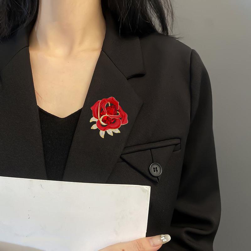 Elegant Red Rose Flower Shape Brooch Shining Rhinestones Inlaid Pin Evening Gown Dress Badge Coat Party Accessories 1