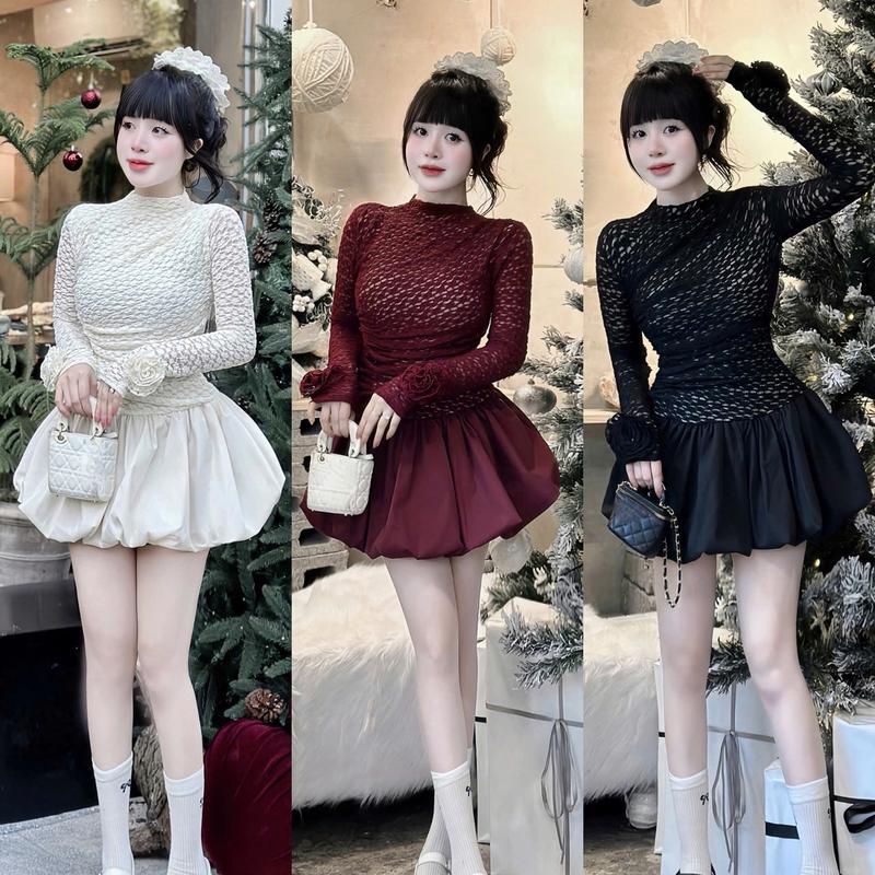  Set đồ nữ áo len ren 2 lớp tay dài đính hoa cổ tròn kèm chân váy bí phồng sang chảnh dành cho các nàng diện đi chơi đi tiệc Women Top 