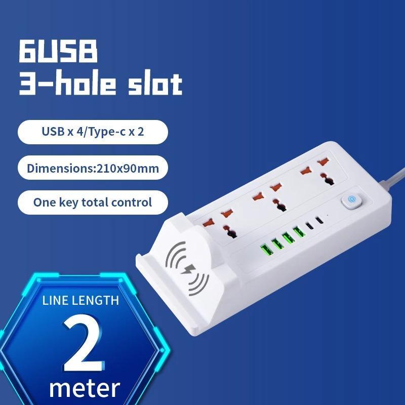 Ổ điện đa năng có sạc nhanh PD + sạc không dây + cổng USB chịu tải 2500W dây dài 2m. Led Khải Ân