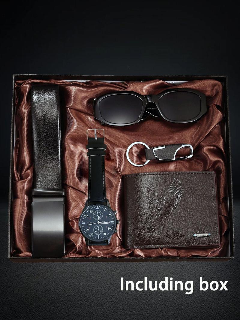 Product Introduction of Men's Business Fashion Watch & Sunglasses & Wallet & Belt & Keyring Set, Fashion Watch Set for Party, Daily Clothing Decor, Trendy All-match & Exquisite Watch Set for Gift 0