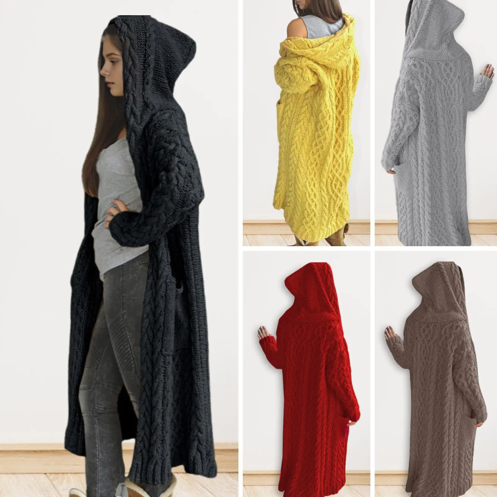 Tayuod-Women Sweater Jacket with Pockets Mid Length Hooded Knitted Twisted Texture Solid Color Long Sleeve Jacket Plus Size Thick Daily Commuting Outerwear